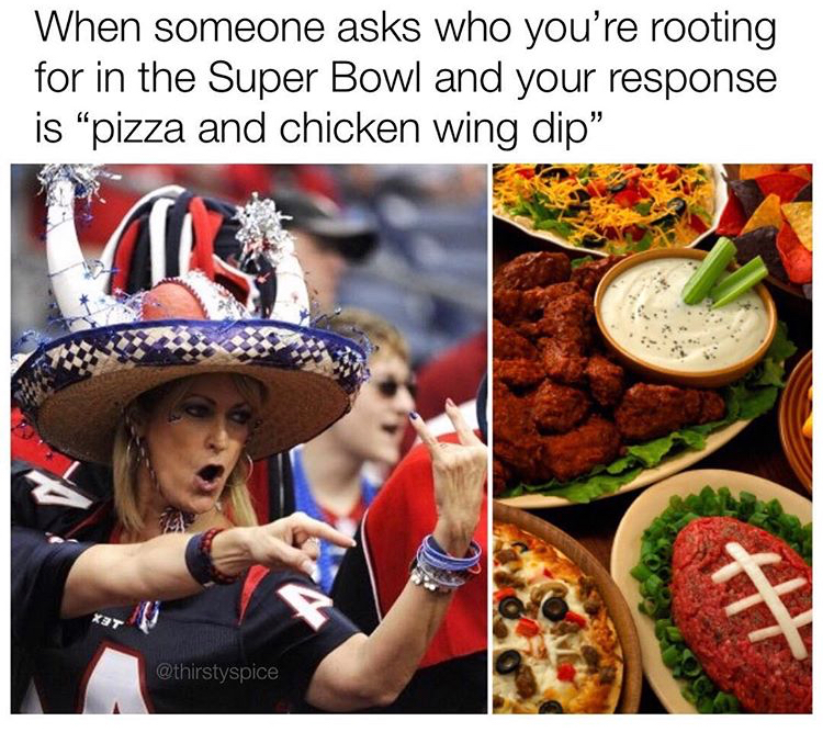 super bowl party food - When someone asks who you're rooting for in the Super Bowl and your response is "pizza and chicken wing dip"