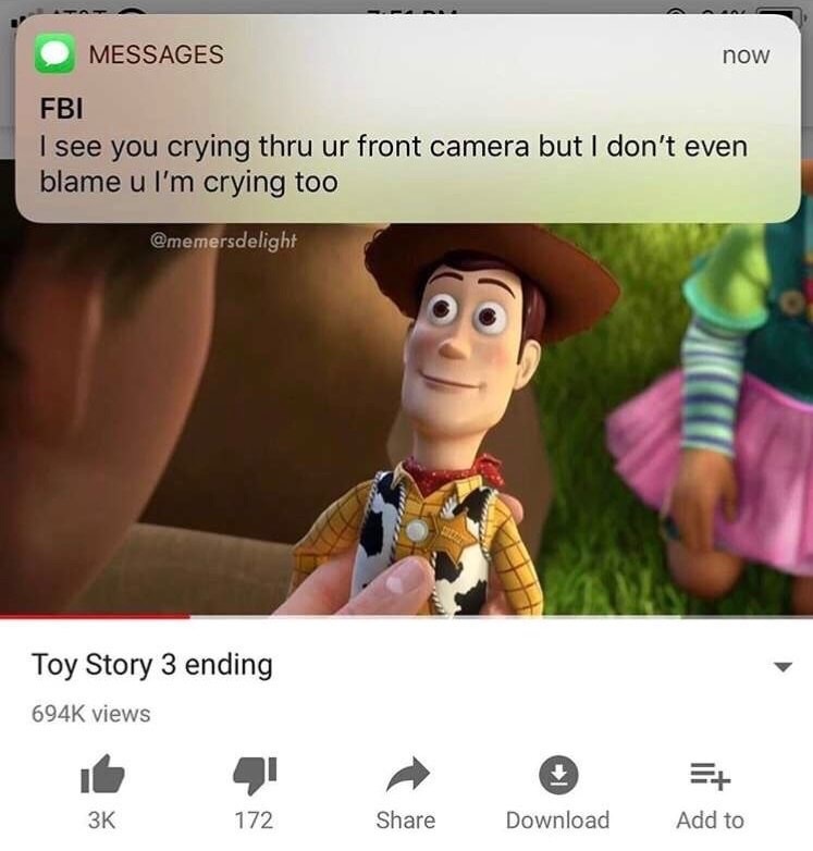 funny memes - Messages now Fbi I see you crying thru ur front camera but I don't even blame u I'm crying too Toy Story 3 ending views 172 Download Add to