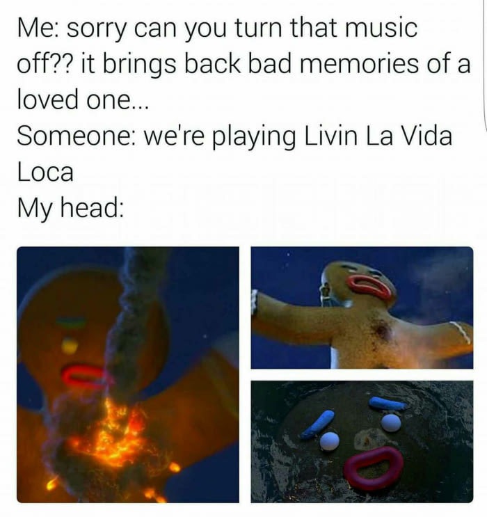 livin la vida loca meme - Me sorry can you turn that music off?? it brings back bad memories of a loved one... Someone we're playing Livin La Vida Loca My head