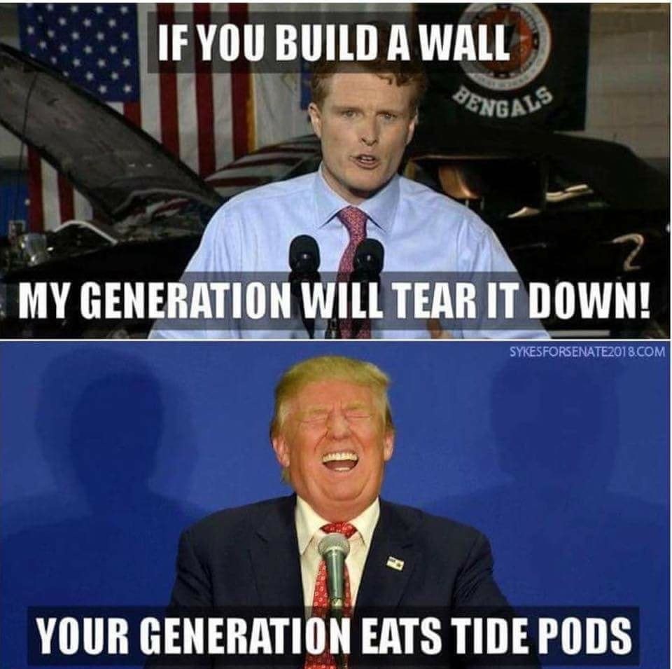 meme - if you build a wall my generation meme - If You Build A Wall Pengals Mygeneration Will Tear It Down! SYKESFORSENATE2018.Com Your Generation Eats Tide Pods
