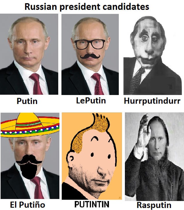 meme - tintin funny - Russian president candidates Putin LePutin Hurrputindurr El Putio Putintin Rasputin