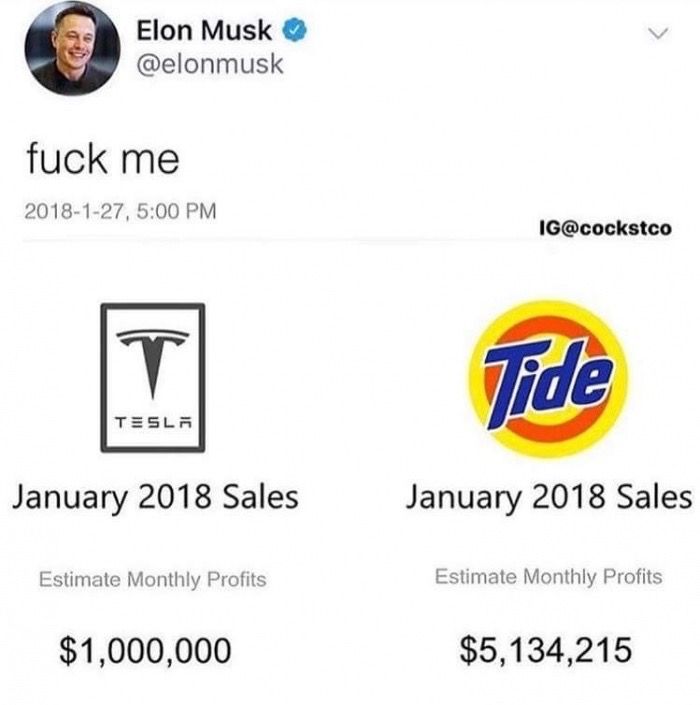 meme - elon musk meme 2018 - Elon Musk fuck me 2018127, Ig Tide Tesla Sales Sales Estimate Monthly Profits Estimate Monthly Profits $1,000,000 $5,134,215