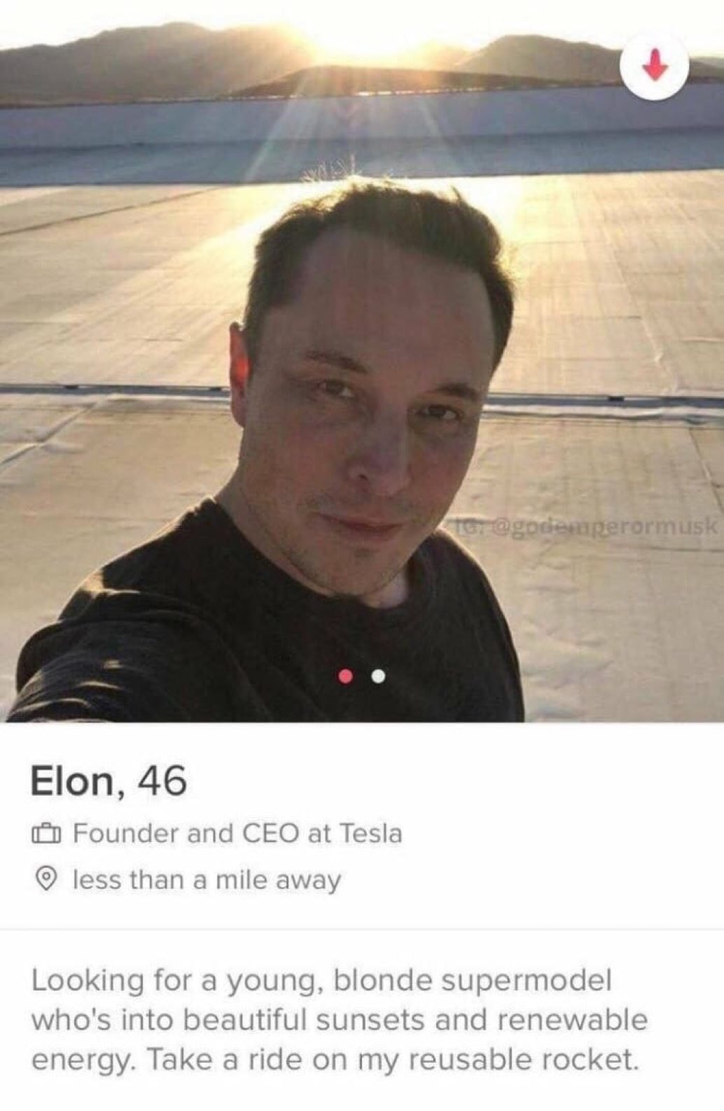 meme - elon musk tinder - ter Elon, 46 Founder and Ceo at Tesla less than a mile away Looking for a young, blonde supermodel who's into beautiful sunsets and renewable energy. Take a ride on my reusable rocket.