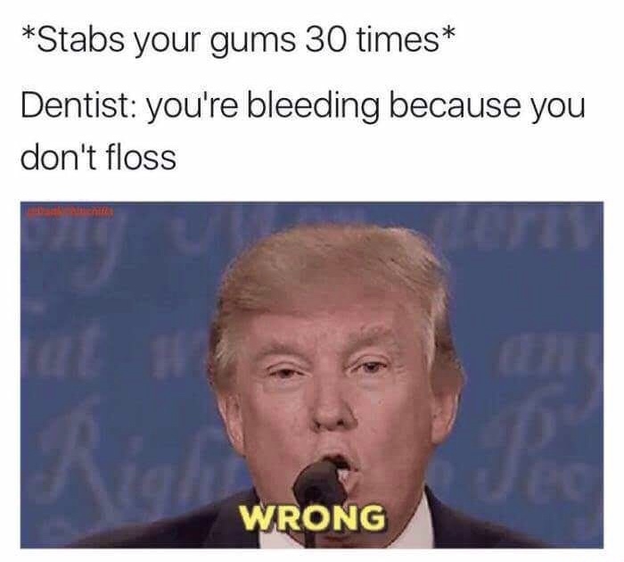 memes that will make you cry - Stabs your gums 30 times Dentist you're bleeding because you don't floss Wrong