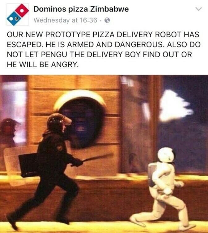 dominos pizza zimbabwe pengu - Dominos pizza Zimbabwe Wednesday at Our New Prototype Pizza Delivery Robot Has Escaped. He Is Armed And Dangerous. Also Do Not Let Pengu The Delivery Boy Find Out Or He Will Be Angry.