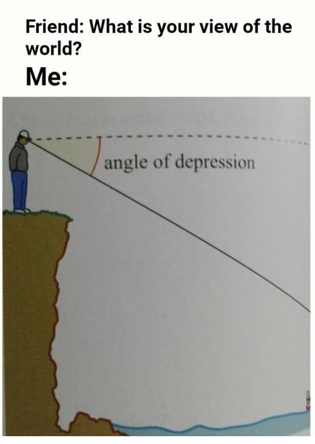 depressing memes - Friend What is your view of the world? Me angle of depression
