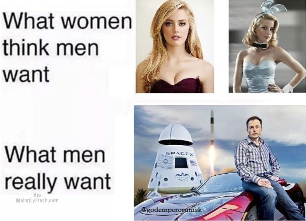 women think men want meme - What women think men want Spacex What men really want Via MohstlyFresh.com godemperormusk