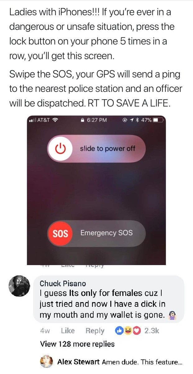 multimedia - Ladies with iPhones!!! If you're ever in a dangerous or unsafe situation, press the lock button on your phone 5 times in a row, you'll get this screen. Swipe the Sos, your Gps will send a ping to the nearest police station and an officer will