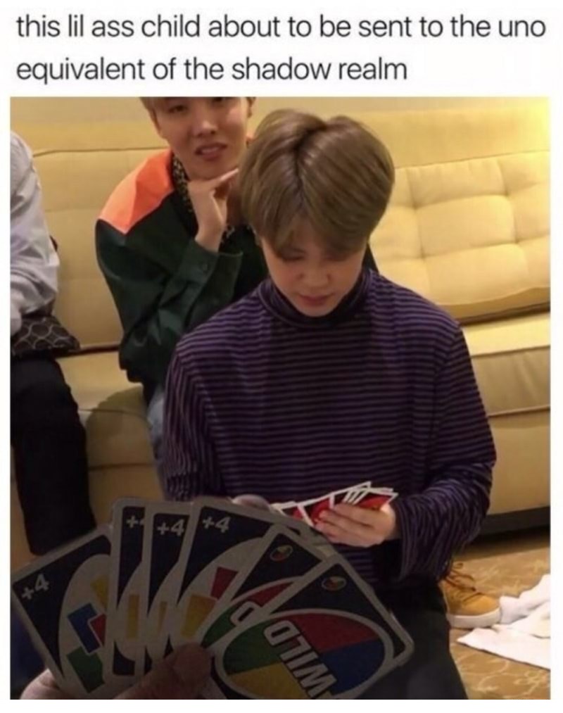 jimin uno meme - this lil ass child about to be sent to the uno equivalent of the shadow realm Yarim