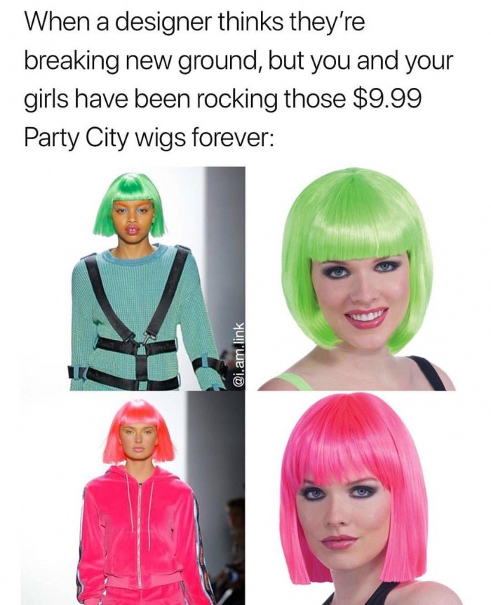 wig - When a designer thinks they're breaking new ground, but you and your girls have been rocking those $9.99 Party City wigs forever .am.link