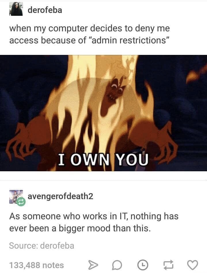 own you meme - e derofeba when my computer decides to deny me access because of "admin restrictions" Le I Own You avengerofdeath2 As someone who works in It, nothing has ever been a bigger mood than this. Source derofeba 133,488 notes > D