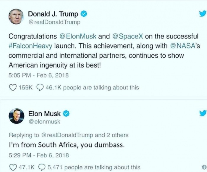 web page - Donald J. Trump Trump Congratulations @ Elon Musk and @ SpaceX on the successful Heavy launch. This achievement, along with 's commercial and international partners, continues to show American ingenuity at its best! people are talking about thi