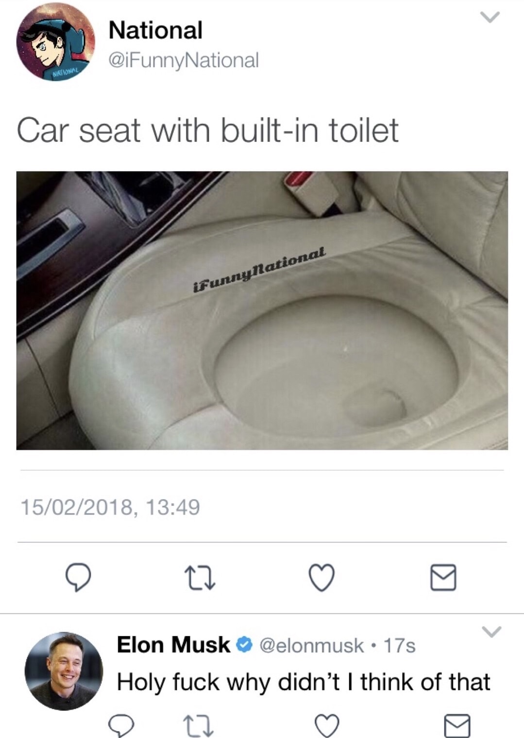 toilet seat - National National Naswal Car seat with builtin toilet iFunny national 15022018, o o o o Elon Musk 17s Holy fuck why didn't I think of that