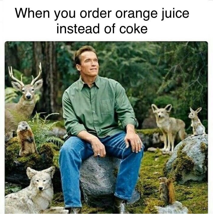 Arnold Schwarzenegger meme in the wild about how it feels when you order orange juice instead of coke