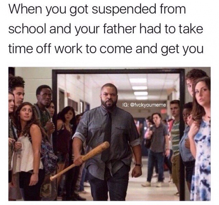 Ice Cube with baseball bat as how it feels when dad picks you up from school when you got suspended