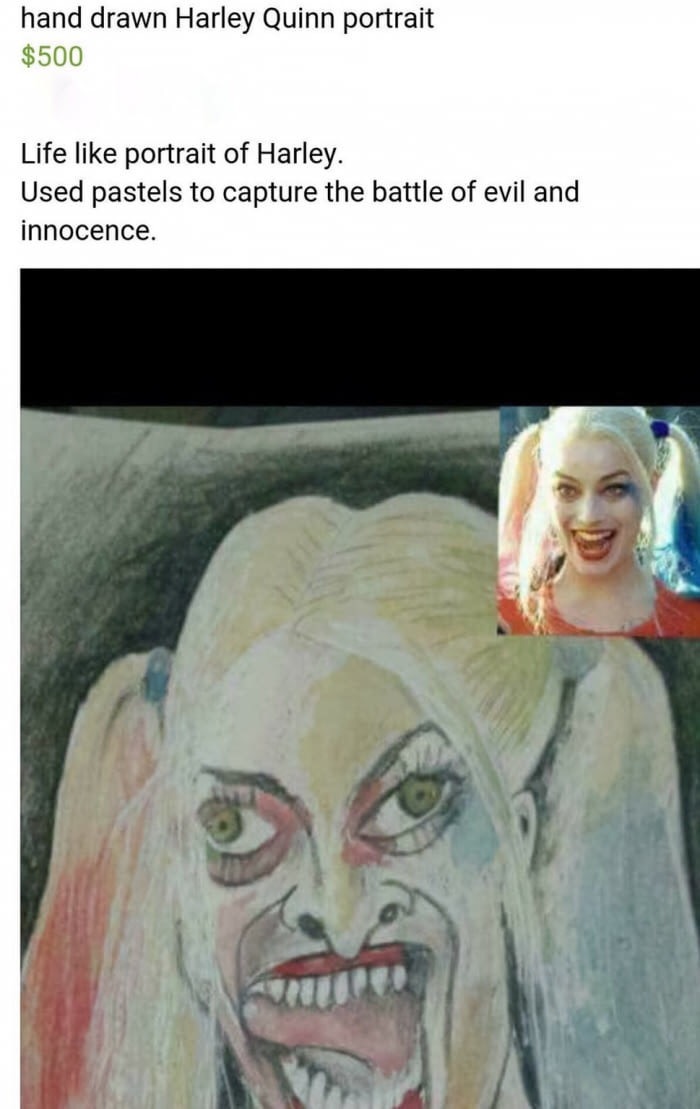r delusionalartists harley quinn - hand drawn Harley Quinn portrait $500 Life portrait of Harley. Used pastels to capture the battle of evil and innocence.