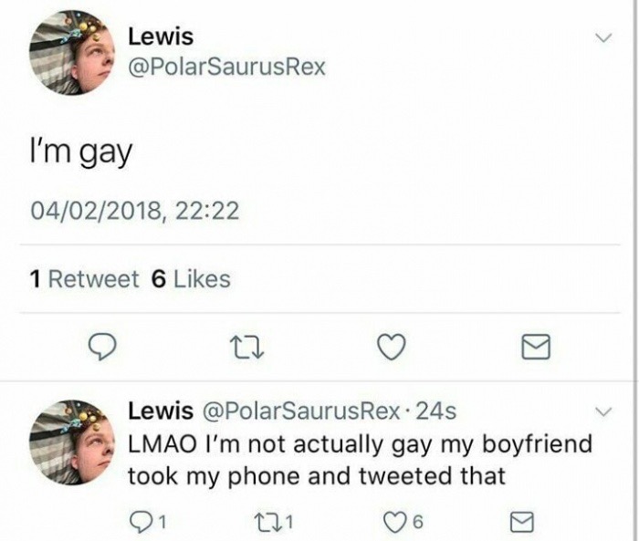 polarsaurusrex im gay - Lewis Rex I'm gay 04022018, 1 Retweet 6 Lewis Rex. 24s Lmao I'm not actually gay my boyfriend took my phone and tweeted that