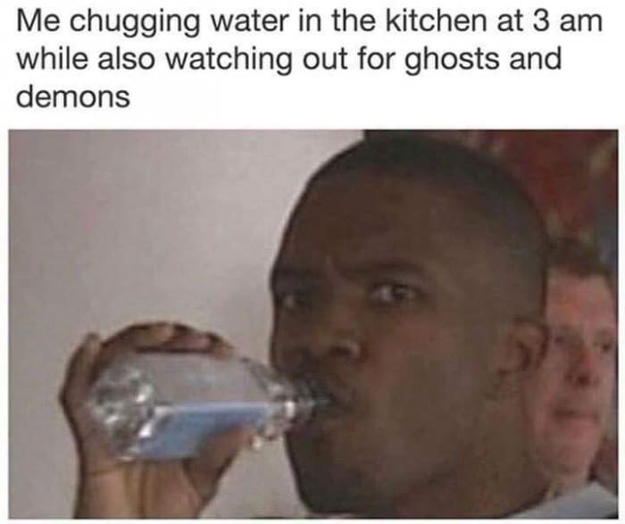 dank meme me chugging water at 3am - Me chugging water in the kitchen at 3 am while also watching out for ghosts and demons