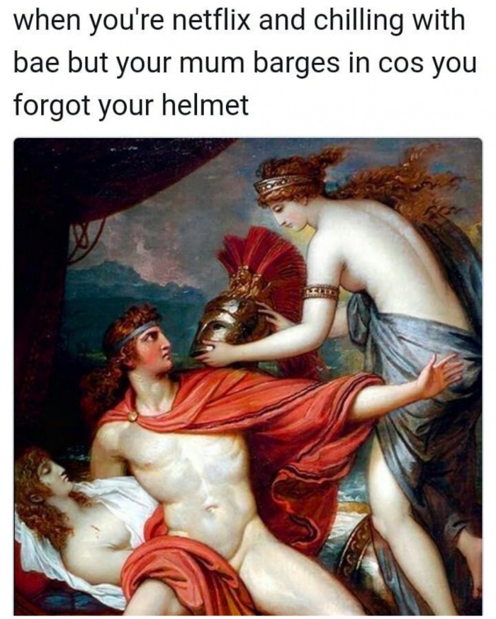 thetis bringing the armor to achilles - when you're netflix and chilling with bae but your mum barges in cos you forgot your helmet
