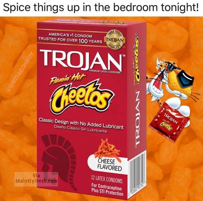 trojan flamin hot - Spice things up in the bedroom tonight! Uten America'S 1 Condom Trusted For Over 100 Years Trojan Premium Latex Condoms Trojan Cheetos Flamin Hot Trojan Classic Design with No Added Lubricant Diseo Clsico Sin Lubricante Troan Cheese Fl