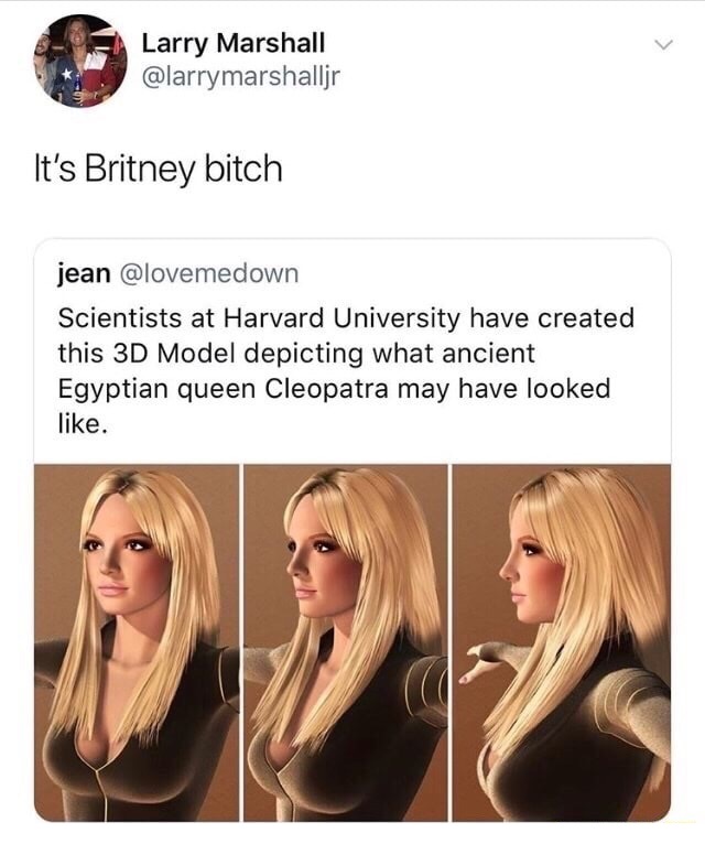 its britney bitch meme - Larry Marshall It's Britney bitch jean Scientists at Harvard University have created this 3D Model depicting what ancient Egyptian queen Cleopatra may have looked .