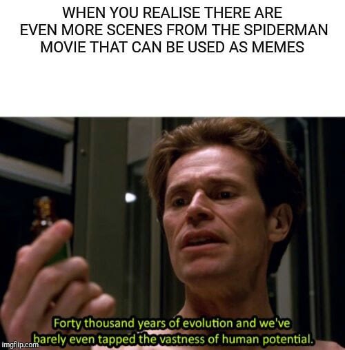 tobey maguire memes - When You Realise There Are Even More Scenes From The Spiderman Movie That Can Be Used As Memes Forty thousand years of evolution and we've cabarely even tapped the vastness of human potential.