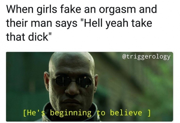 filthy sex memes - When girls fake an orgasm and their man says "Hell yeah take that dick" He's beginning to believe