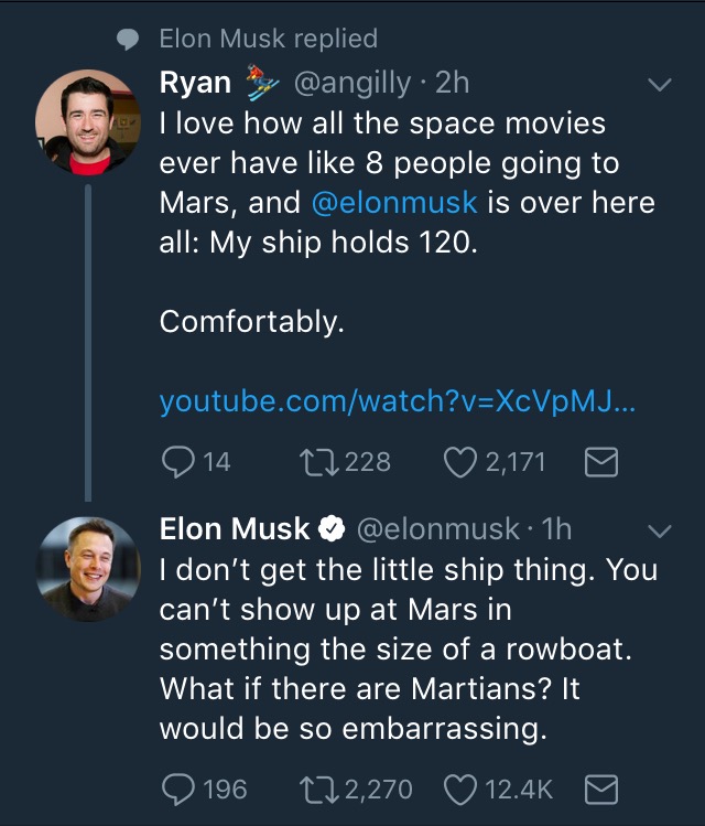screenshot - Elon Musk replied Ryan 2h I love how all the space movies ever have 8 people going to Mars, and is over here all My ship holds 120. Comfortably. youtube.comwatch?vXcVpMJ... '14 27228 2,171 Elon Musk 1h v I don't get the little ship thing. You