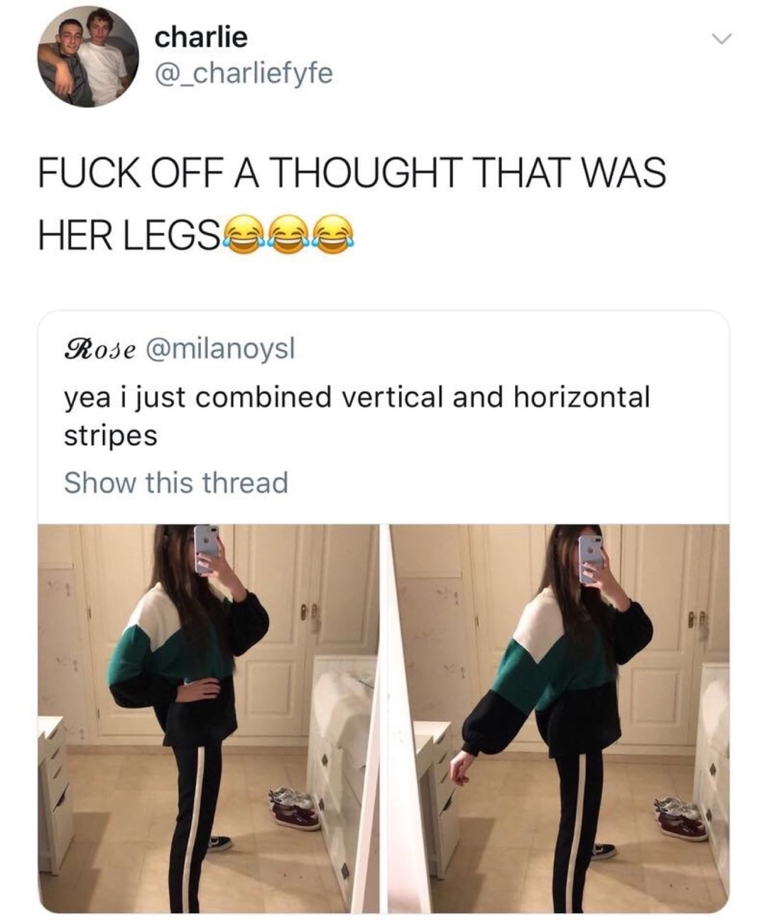 yeah i just combined vertical and horizontal stripes - charlie Fuck Off A Thought That Was Her LEGSeee Rose ! yea i just combined vertical and horizontal stripes Show this thread