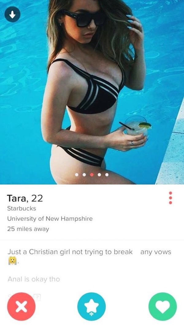 bikini - Tara, 22 Starbucks University of New Hampshire 25 miles away Just a Christian girl not trying to break any vows Anal is okay tho