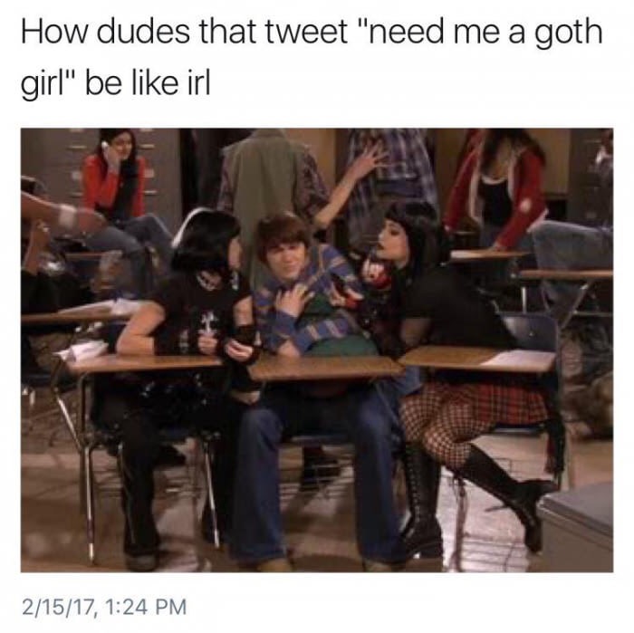 goth girl memes - How dudes that tweet "need me a goth girl" be irl 21517,