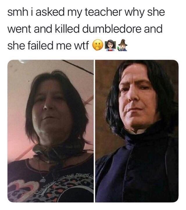 harry potter meme - smhi asked my teacher why she went and killed dumbledore and she failed me wtf