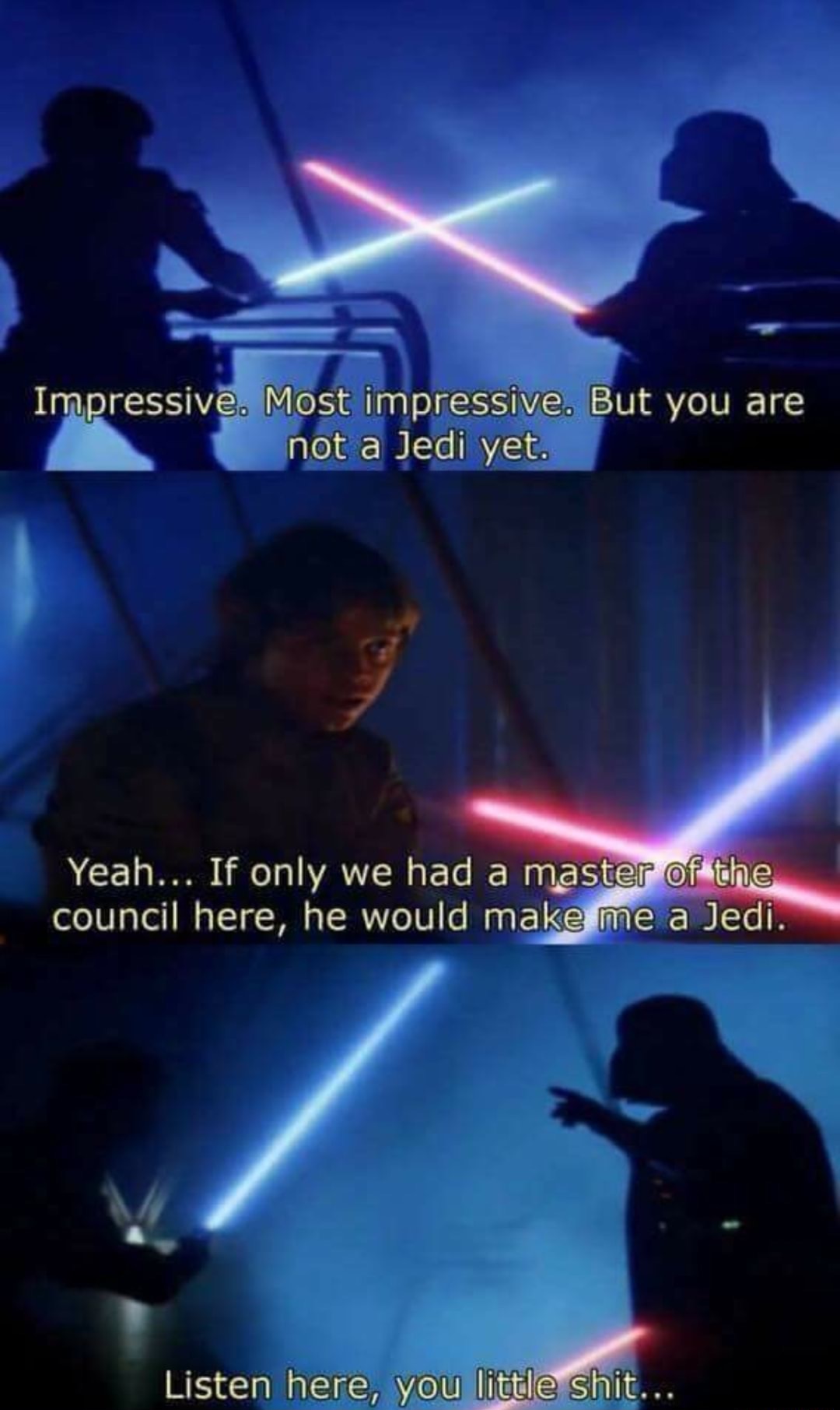 darth vader listen here you little shit - Impressive. Most impressive. But you are not a Jedi yet. Yeah... If only we had a master of the council here, he would make me a Jedi. Listen here, you little shit..