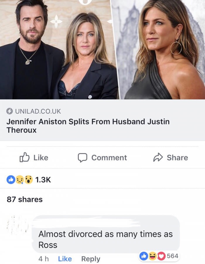 justin theroux 2019 - Unilad.Co.Uk Jennifer Aniston Splits From Husband Justin Theroux a Comment 098 87 Almost divorced as many times as Ross 4 h 564