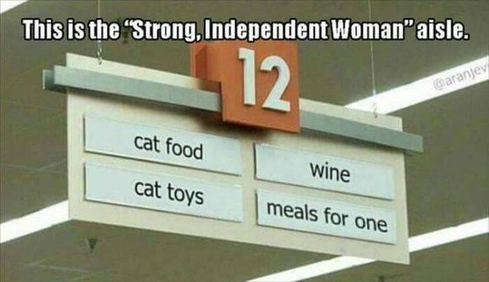 grocery store aisle sign - This is the Strong, Independent Womanaisle. 12. cat food wine cat toys meals for one