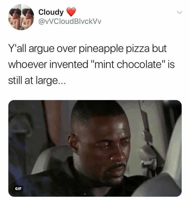 whoever invented mint chocolate is still at large - Cloudy Y'all argue over pineapple pizza but whoever invented "mint chocolate" is still at large... Gif