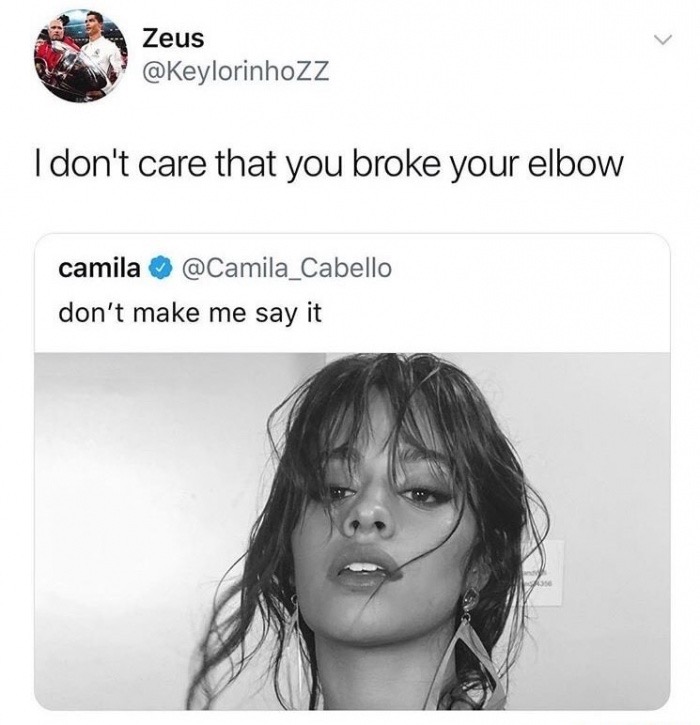 don t make me say it i don t care that you broke your elbow - Zeus I don't care that you broke your elbow camila don't make me say it
