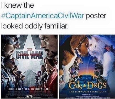 captain america civil war slogan - I knew the AmericaCivil War poster looked oddly familiar. Eivil War Cats Dogs United We Stand. Divided We Fall. The Fireworks Begin July 4 May 6..