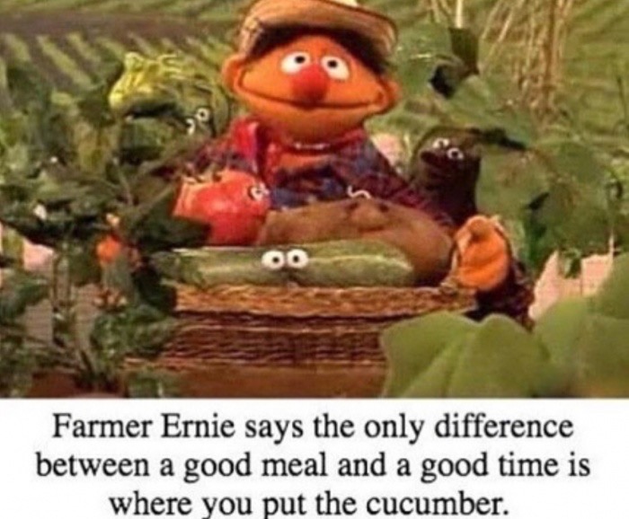 farmer ernie meme - Farmer Ernie says the only difference between a good meal and a good time is where you put the cucumber.