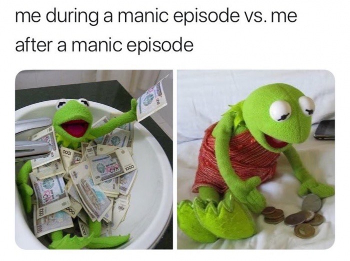 manic memes - me during a manic episode vs. me after a manic episode