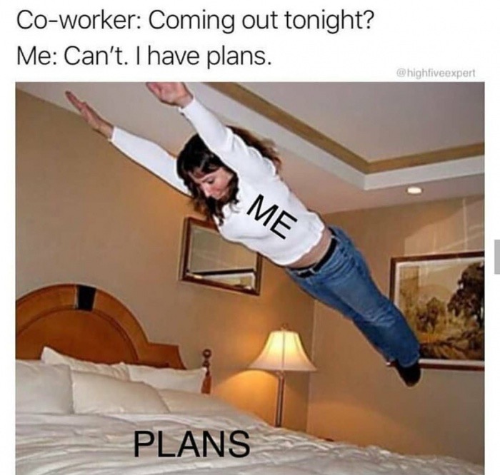 memes - coworker i have plans - Coworker Coming out tonight? Me Can't. I have plans. Me Plans
