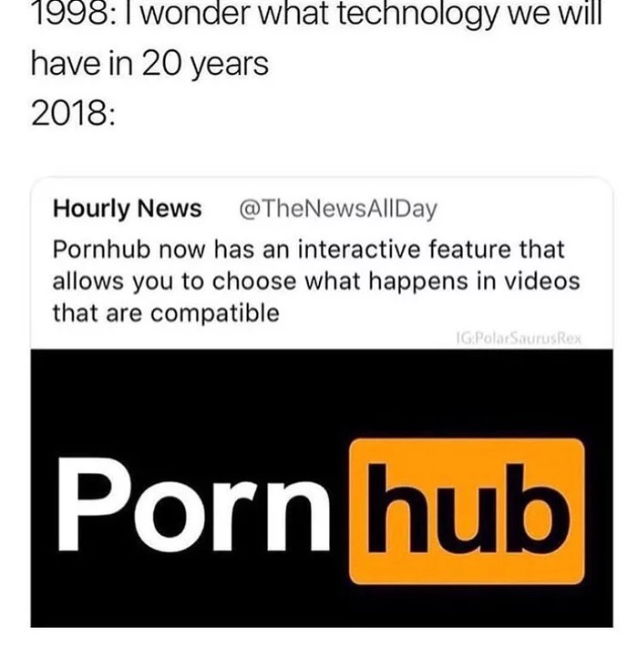 memes - interactive funny memes - 1998 I wonder what technology we will have in 20 years 2018 Hourly News Pornhub now has an interactive feature that allows you to choose what happens in videos that are compatible IgPolar Saurus Rex Porn hub