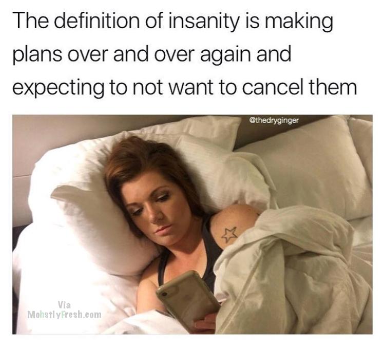 meme canceled plans funny - The definition of insanity is making plans over and over again and expecting to not want to cancel them Mohstly Presh.com