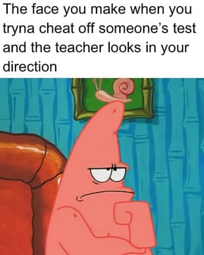 spongebob and patrick thinking gif - The face you make when you tryna cheat off someone's test and the teacher looks in your direction