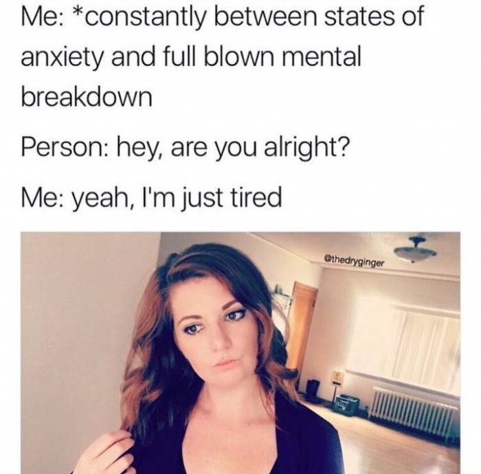 memes - mental breakdown meme - Me constantly between states of anxiety and full blown mental breakdown Person hey, are you alright? Me yeah, I'm just tired