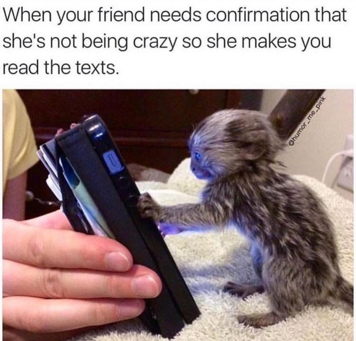 funny crazy friend memes - When your friend needs confirmation that she's not being crazy so she makes you read the texts. Ohumor_me_pink