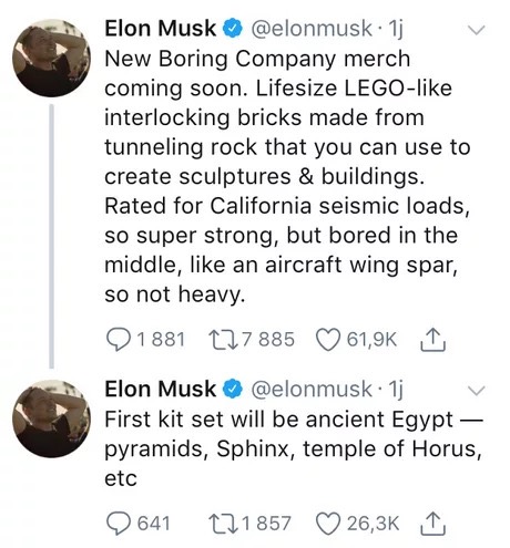 body jewelry - Elon Musk . 1 New Boring Company merch coming soon. Lifesize Lego interlocking bricks made from tunneling rock that you can use to create sculptures & buildings. Rated for California seismic loads, so super strong, but bored in the middle, 