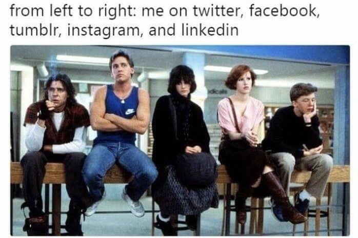 breakfast club as social media - from left to right me on twitter, facebook, tumblr, instagram, and linkedin