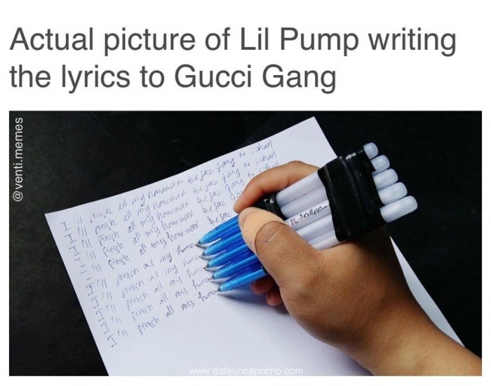 gucci gang meme - Actual picture of Lil Pump writing the lyrics to Gucci Gang .memes I migh all my namowork before gong. I'll nich all my namamstarine jay to chat Pintch my new 90 I'll fingh all my homework before you 'll fingh all my home wont before 'll
