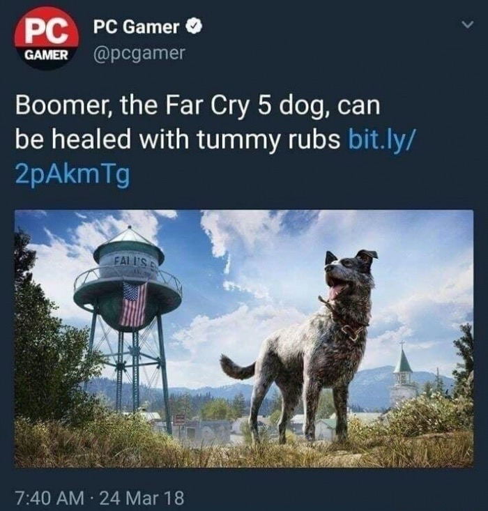 far cry 5 boomer - Pc Pc Gamer Gamer Boomer, the Far Cry 5 dog, can be healed with tummy rubs bit.ly 2pAkm Tg 24 Mar 18